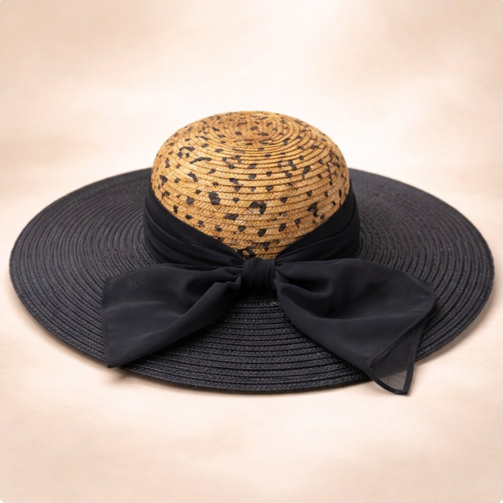 Vintage Wide Brim Straw Hat | Black Bow Sun Hat | Leopard Print Artisan‎ Hat